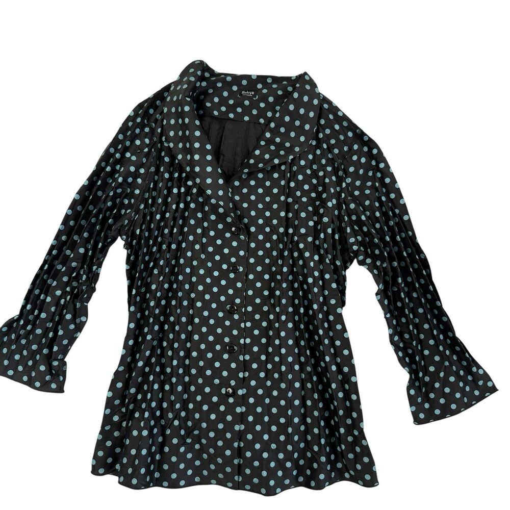 Beluva San Francisco Crinkle Polka Dot Button Up Shirt Small Black Blue Top